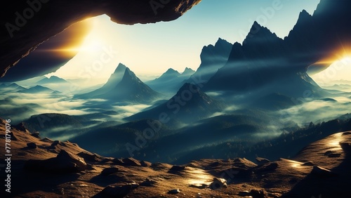 Crystal mountains rising above misty valleys on an alien planet. An image of greatness and beauty in a world where man has never set foot. Creative, AI Generated #778179076