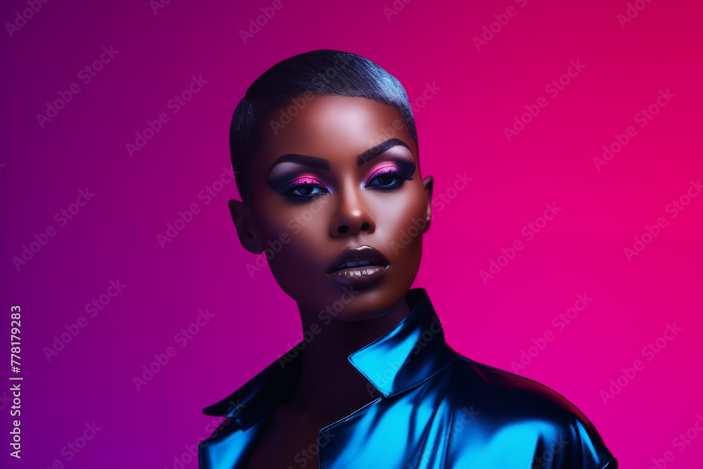 Studio portrait of beautiful fashion african dark skin young woman with very short hair style on colour background