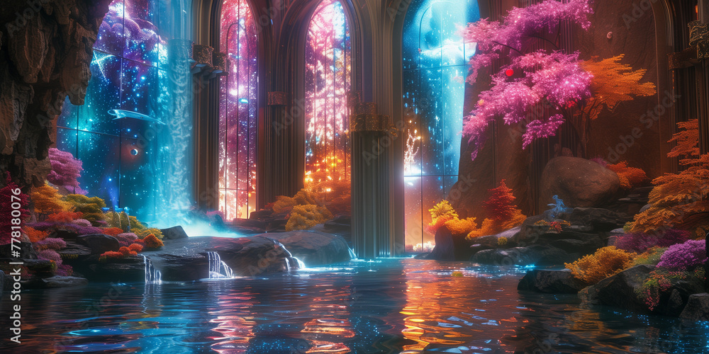neon stained waterfall