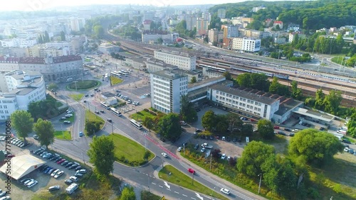 Aerial View of Gdynia main train station, summer beautifull footage Polish Town photo