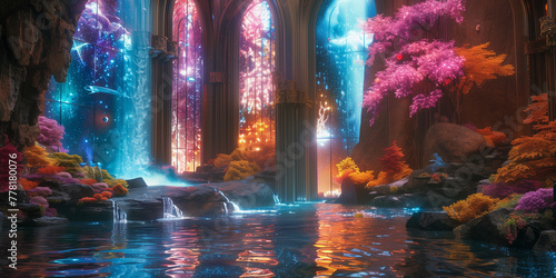 neon stained waterfall