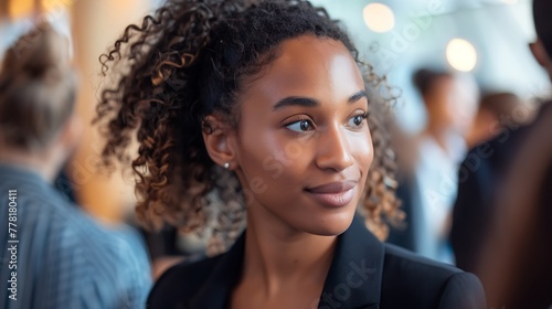 A poised young woman confidently networking at a business event, making meaningful connections that will further her career aspirations
