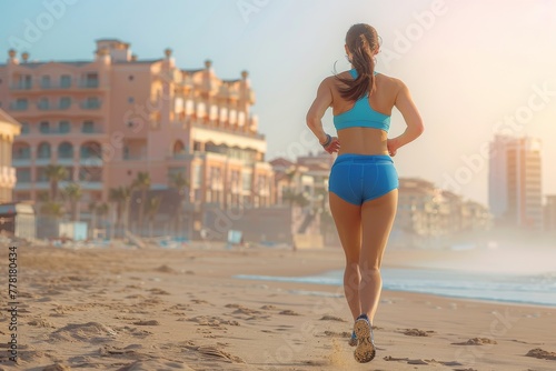 Woman Running on Beach in Bikini Top