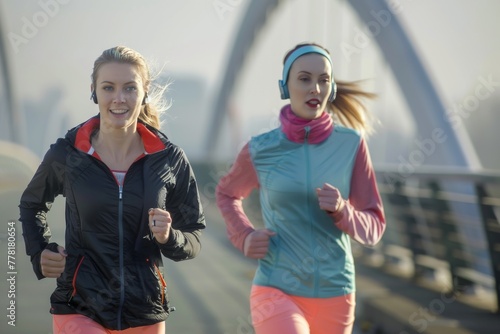 Two Women Running Across a Bridge