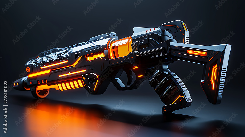 a futuristic handgun with illuminated orange elements against a dark background.
