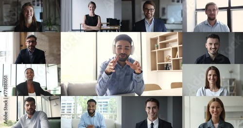 Group of young confident businesspeople listen team leader make speech, take part in videocall, training or negotiations, head shot portrait, collage view. Global communication use videoconference app photo