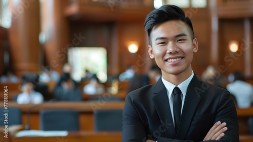 Smiling Asian male lawyer wearing a business suit with a tie in courthouse background with empty copy space, professional attorney wallpaper, Horizontal format (16:9) photo