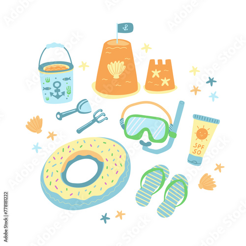 Summer children's beach activities set. Castle bucket, bucket, spade, shovel, rake, water tools. Vector illustration.