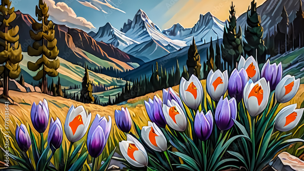 The Majesty of Nature: Crocuses and Mountains Captured in Oil