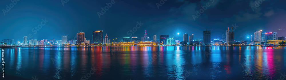 Beautiful panorama, big city lights reflected in the water, background banner.