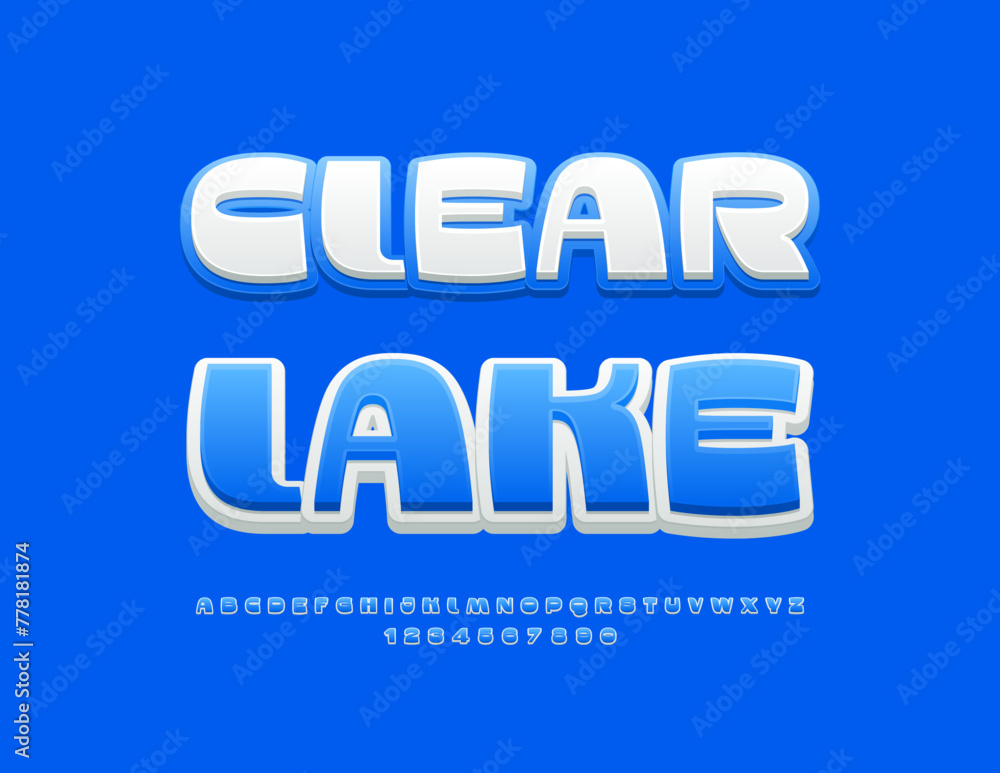 Vector creative Emblem Clear Lake. Bright Blue Font. Modern Alphabet Letters and Numbers set.