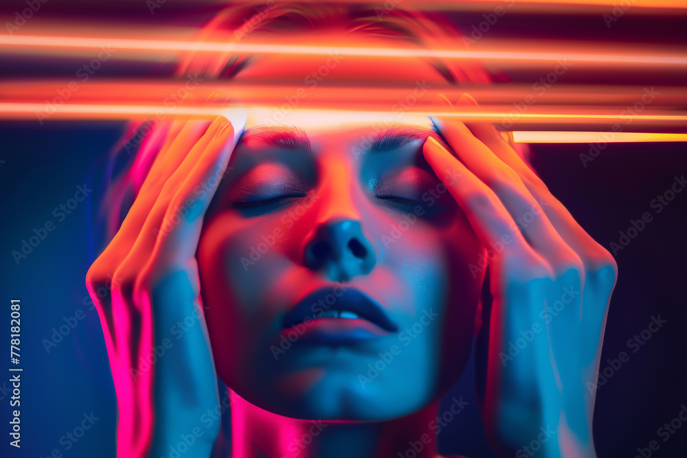 Migraine headache which is causing severe suffering in the brain, felt as a throbbing pain to the head or optical flashes in the eyes, stock illustration image Migraine headache which is causing severe suffering in the brain, felt as a throbbing pain to the head or optical flashes in the eyes, stock illustration image