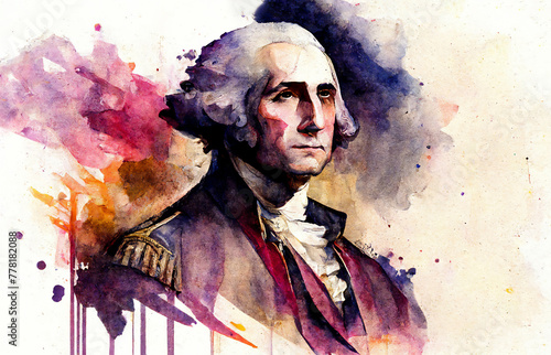 Watercolour painting of George Washington a Founding Father of the United States of America who served as the first president, stock illustration image photo