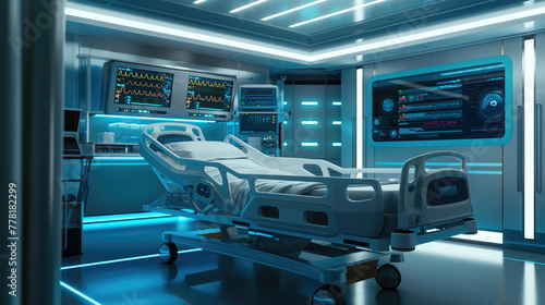 Futuristic room in a hospital with medical equipment and bed.