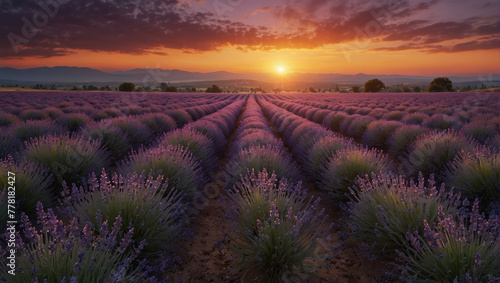 Rows of lavender plants at sunset.