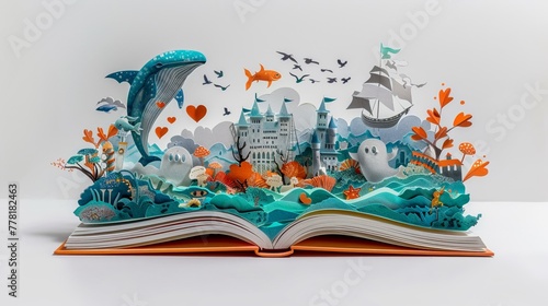 A 3D paper cut artwork of an open book, with a carnival scene bu photo