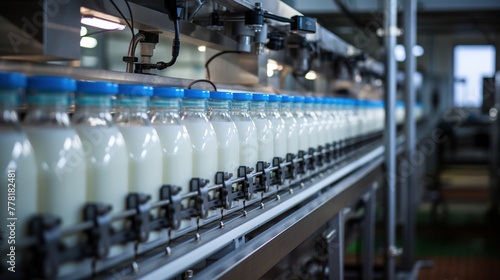 Milk in glass bottles on the production line at the milk factory, closeup