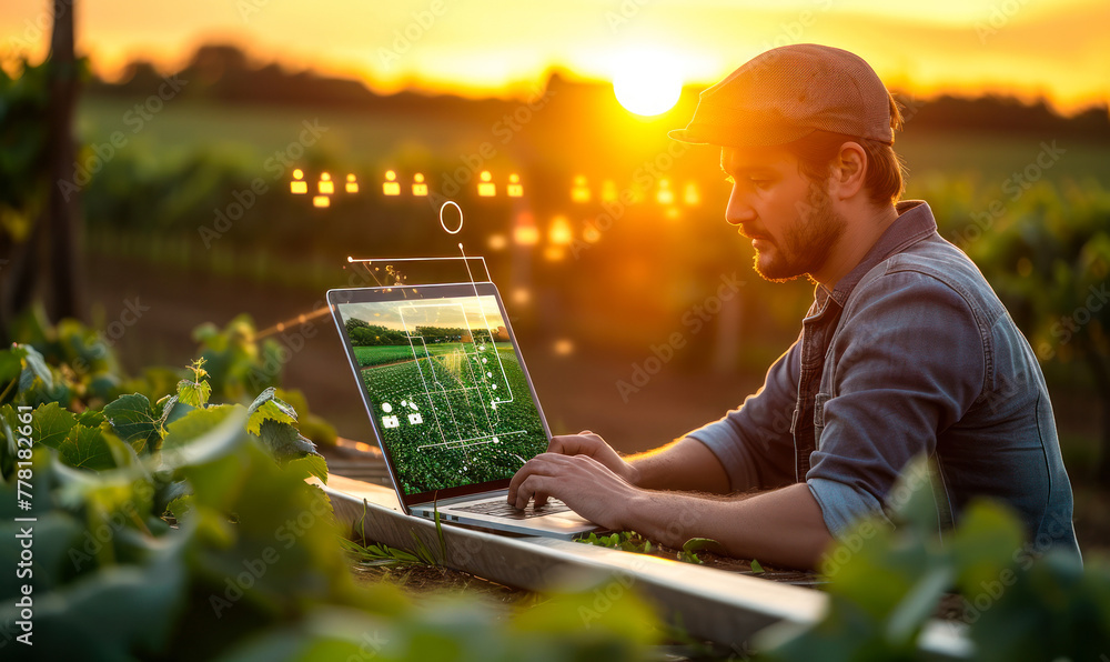 Modern agriculture technology with a person using a laptop to analyze data on sustainable farming practices at sunset in a vineyard - obrazy, fototapety, plakaty 