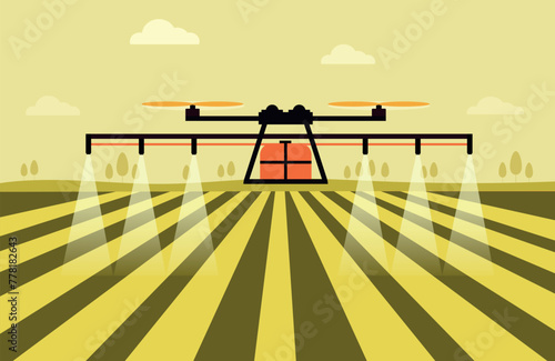 Drone icon in the field, a farmer or agronomist uses a drone to spray fertilizer on an agricultural field