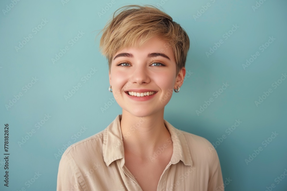 Portrait of a smiling young woman with short blond hair on a blue background Portrait of a smiling young woman with short blond hair on a blue background