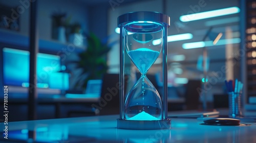 Hourglass in dim light on a reflective surface