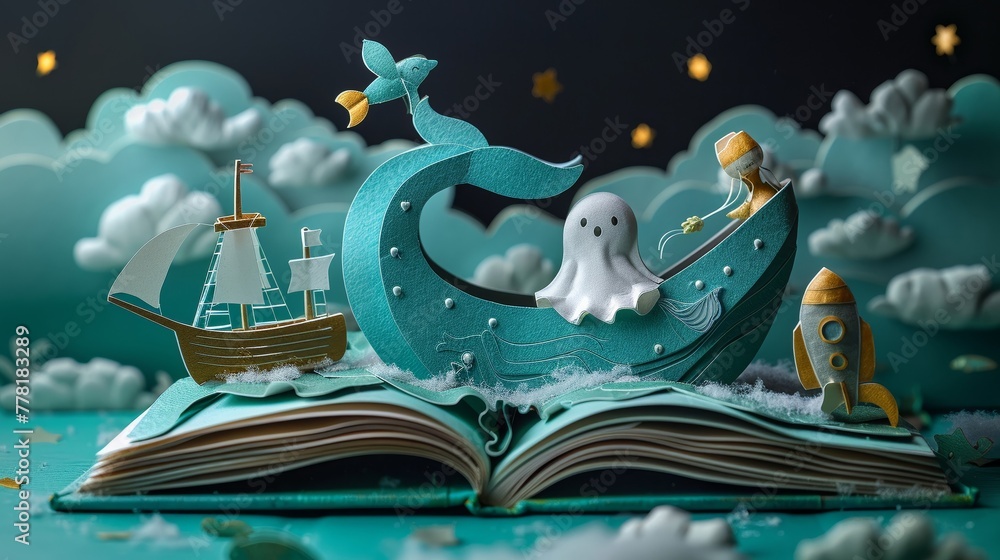 Magical open book in 3D paper cut style, showcasing a fairy tale