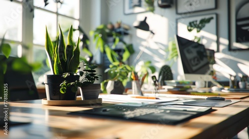 Aesthetic productivity captured in a close-up of a designer's desk, adorned with sketches and plants, bathed in natural light in a creative workspace.