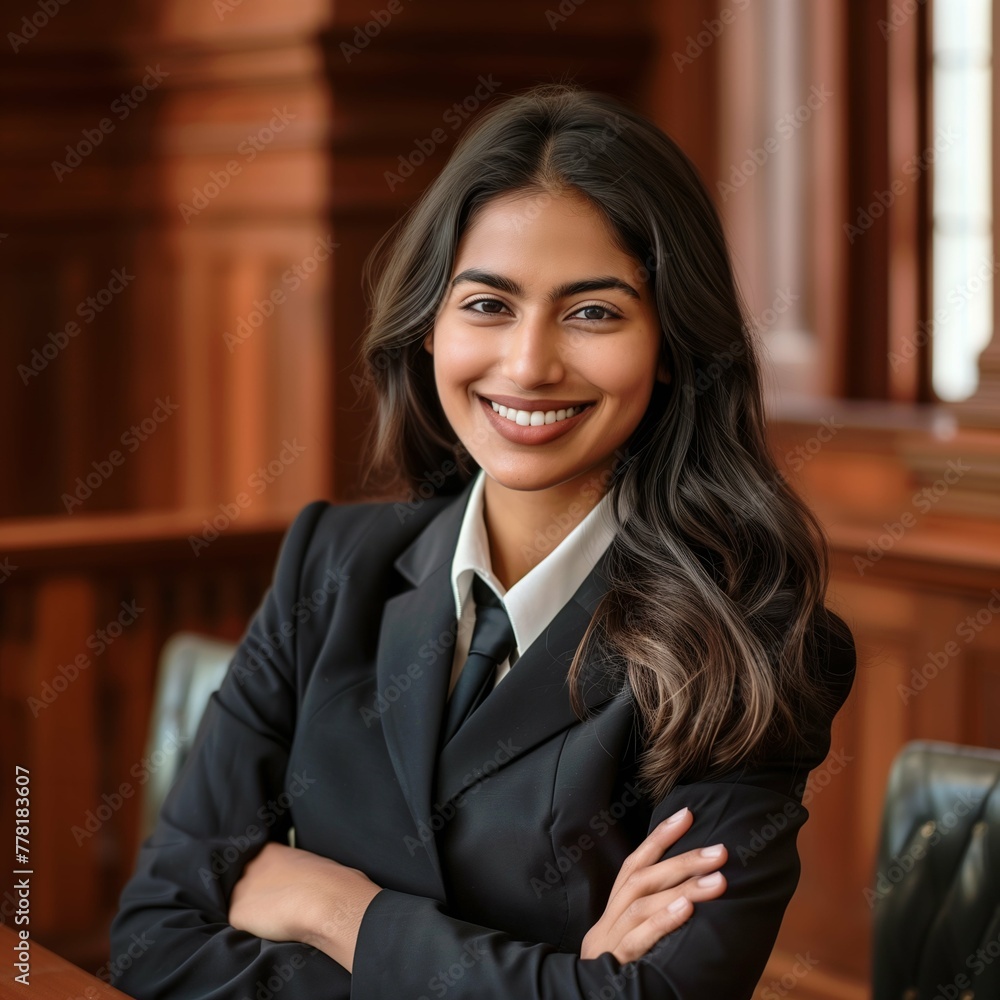 Confident smiling Indian female lawyer wearing a business suit in courthouse background, professional attorney wallpaper, Square format photography Confident smiling Indian female lawyer wearing a business suit in courthouse background, professional attorney wallpaper, Square format photography