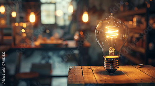 Vintage light bulb on the wooden table in coffee shop background.