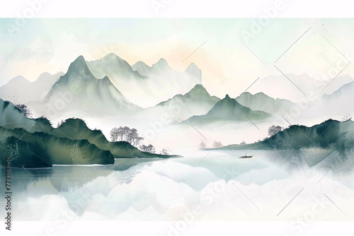  A serene landscape with misty mountains, a calm lake, and a lone boatman, encapsulating tranquility and natural beauty. photo