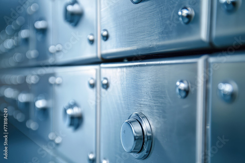 Close-up bank silver safe deposit box  nobody  background with copy space. Safe storage of valuable things in a safe deposit box.