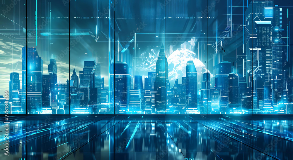 Illuminated digital towers in a futuristic blue urban landscape