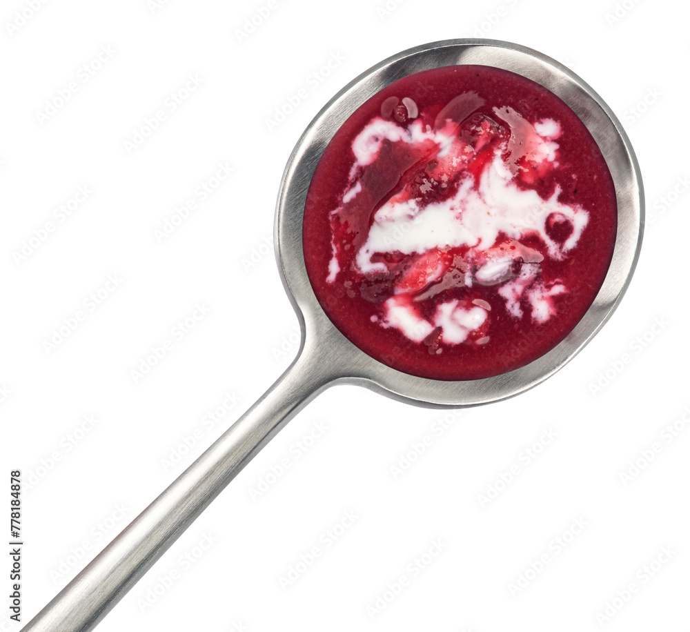 Borscht in spoon, beetroot soup isolated on white background, top view Borscht in spoon, beetroot soup isolated on white background, top view
