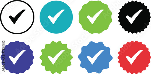 Check mark icons. Profile verification check marks icon. Approved symbol. Verified account badge. Quality and accept signs. Vector illustration. photo