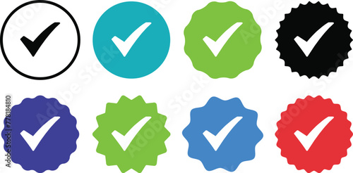 Check mark icons. Profile verification check marks icon. Approved symbol. Verified account badge. Quality and accept signs. Vector illustration.