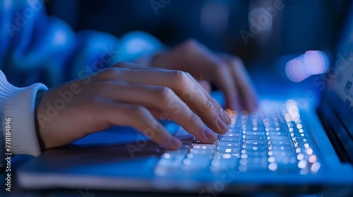 Close-up hands of unrecognizable hacker man working typing on keyboard laptop computer sitting at desk in dark room with blue neon lights. Concept of cyber attack, virus, malware, illegally.