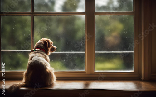 Bemer dog in a room watching the rain through the window, thinking of playing outside, waiting for the owner coming home