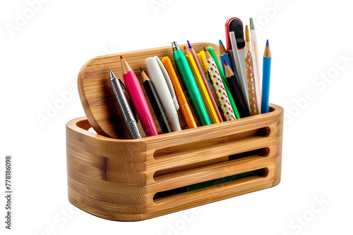 Bamboo Pen Holder with Colorful Stationery - isolated on White Transparent Background, PNG
