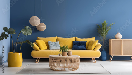 Blue and yellow living room interior with sofa coffee table plants and cabinet photo