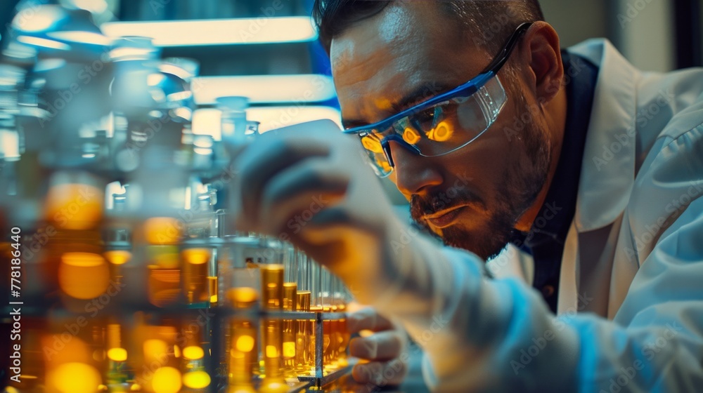 Scientist intently working with test tubes in a lab. Scientist intently working with test tubes in a lab.