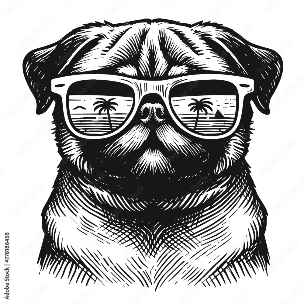 cool pug in summer sunglasses illustration - obrazy, fototapety, plakaty 