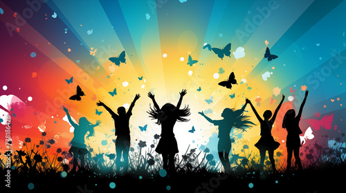 Children Celebrating Sunset with Uplifted Arms and Butterflies