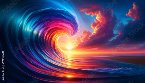 Colorful ocean wave. Sea water wave shape. Sunset light and beautiful clouds on beach background