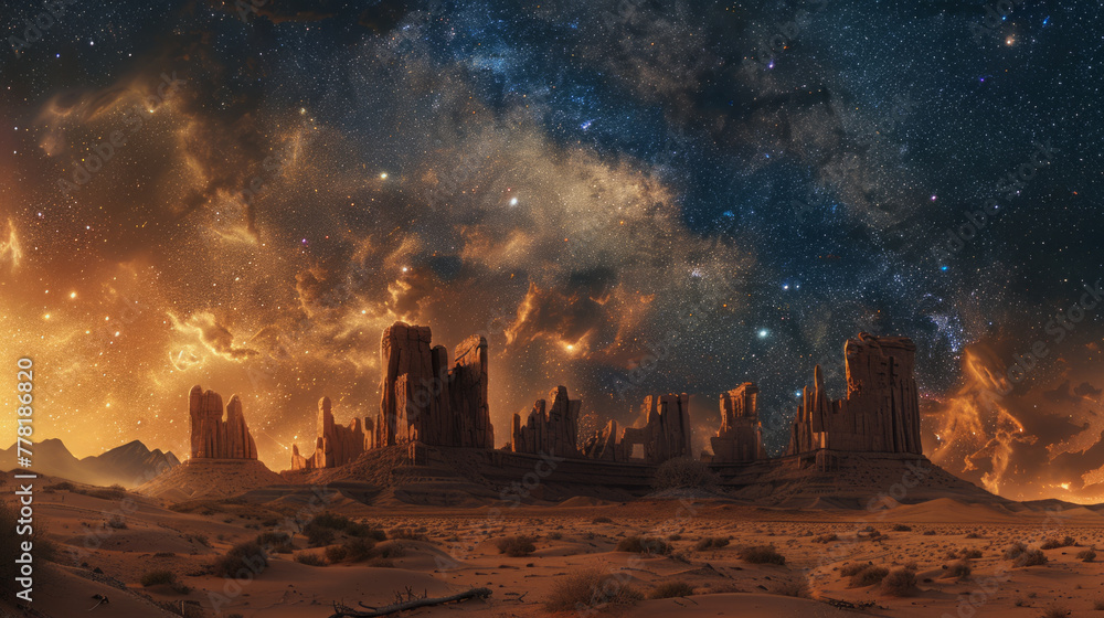Digital Art, Fictional desert landscape with starry night sky and luminous ruins.