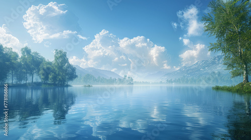 Nature Landscape, A tranquil lake mirroring the vibrant blue sky.