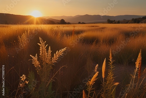 Abstract warm landscape of dry wildflower and grass meadow on warm golden hour sunset or sunrise time. Tranquil autumn fall nature field background. Soft golden hour sunlight panoramic countryside Gen