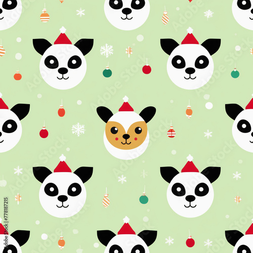 Cute seamless pattern with panda and christmas elements. Vector illustration.