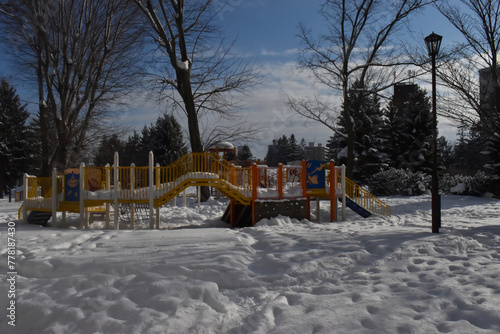 Sapporo Japan April 1 2024 The empty vacant children park in the white snow landscape