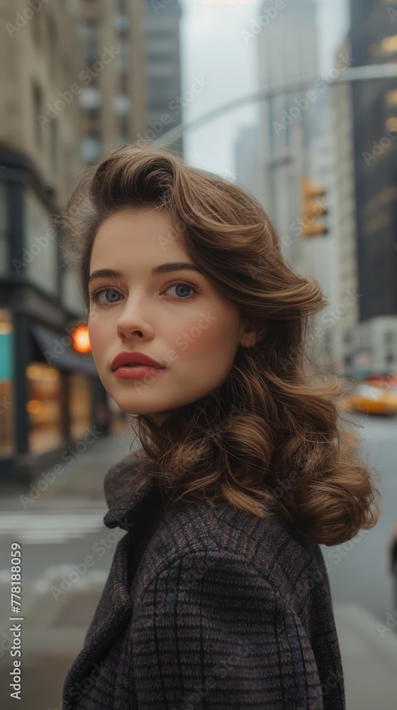 photography portrait of beautiful woman , stylish hair, background a New York street, in the style of George created by ai