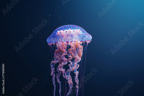 A glowing jellyfish gracefully floats in the dark blue underwater, showcasing nature’s beauty. photo